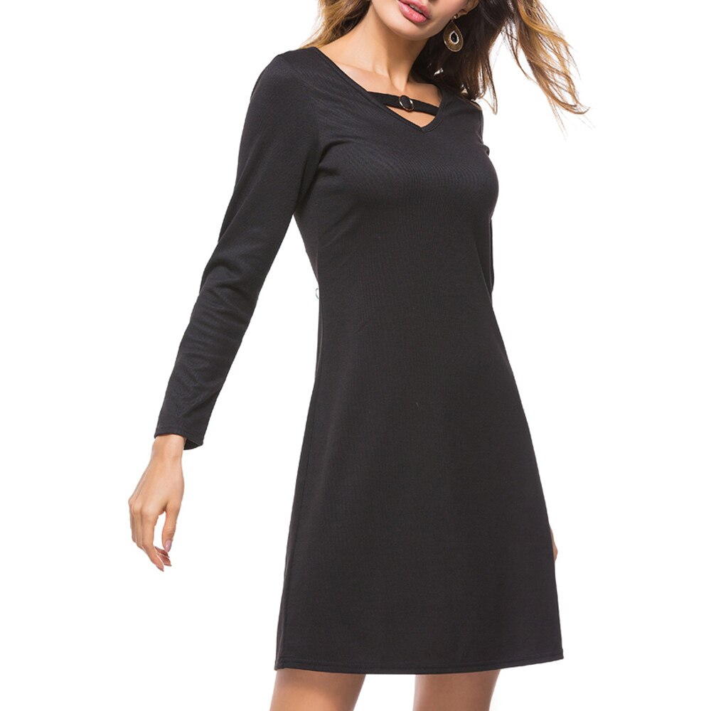 Nice-forever causal puro preto cor vestidos em linha reta solto turno vestido feminino t024