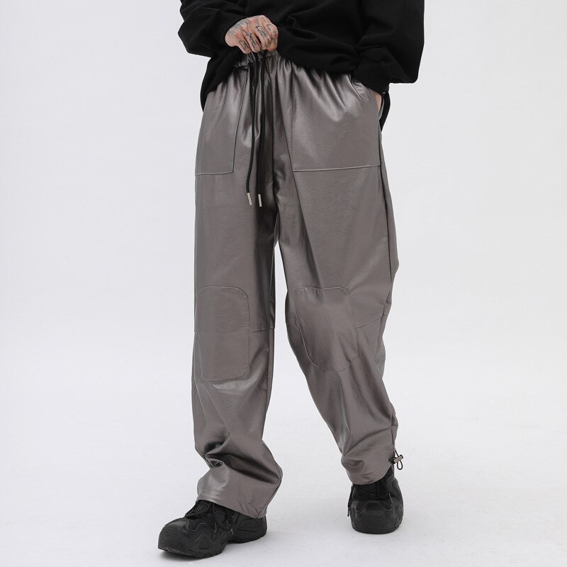 Mænd løse afslappede lige læderbukser mandlige high streetwear hip hop brede ben haremsbukser jogger joggingbukser bukser