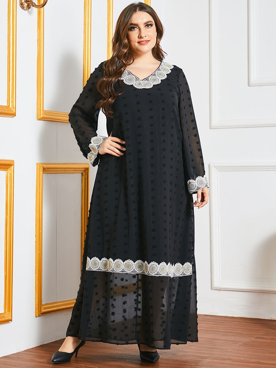 Vestido de encaje de gasa de manga larga para primavera y verano, Abaya bordado, Dubai, Turquía, musulmán, caftán Maxi,: XL