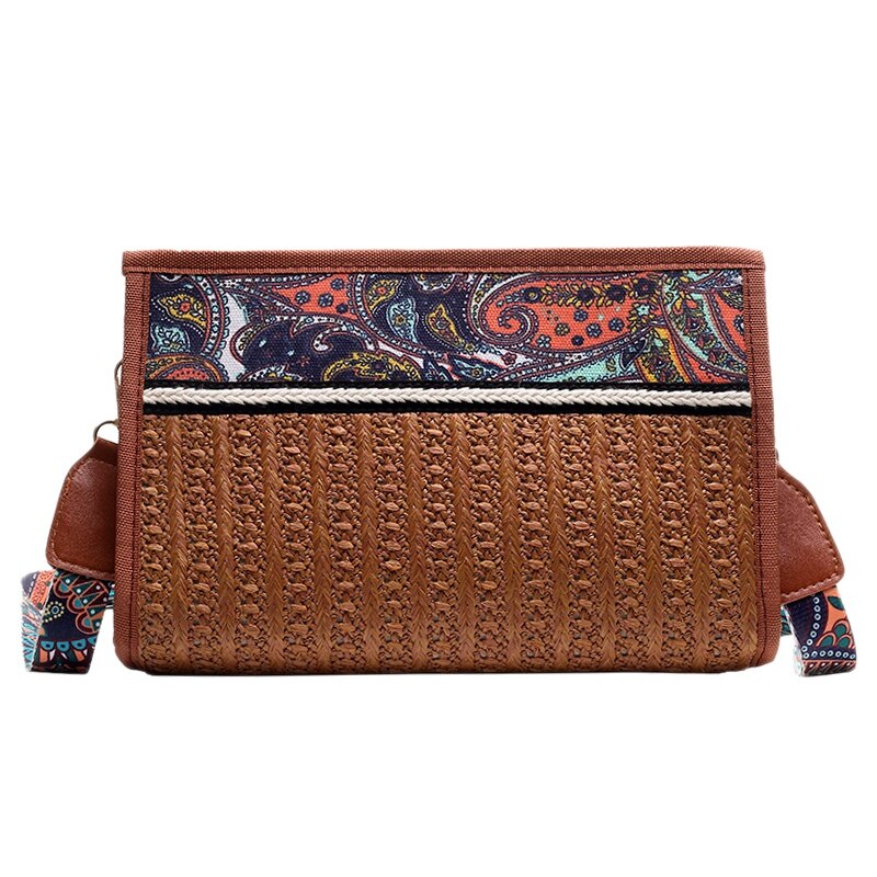 Bolso Boho de ratán, bolsa de paja para playa, bolso étnico de hombro para mujer con correa colorida, bolsos cruzados para mujer, marrón: Default Title