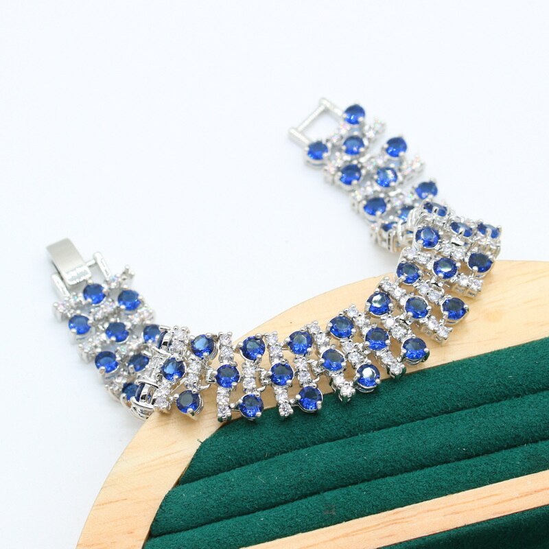 Dubai Bruiloft Zilveren Kleur Sieraden Set Voor Vrouwen Royal Blue Zirkoon Armband Lange Oorbellen Ketting Hanger Christmas
