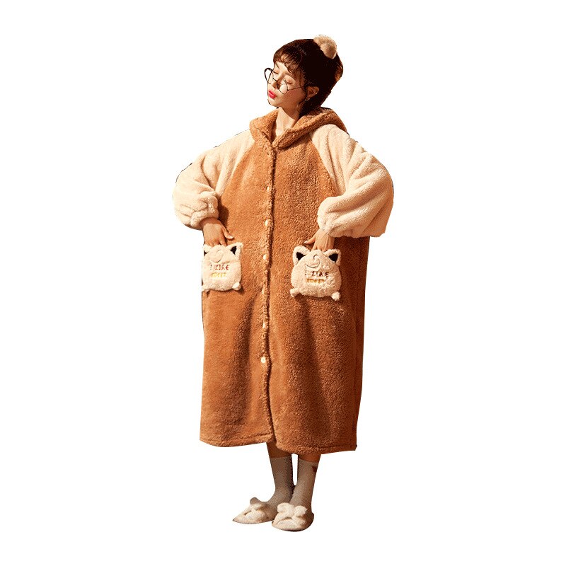 Bata de noche gruesa para mujer, ropa de baño cálida con capucha de oso de dibujos animados, Coral, para el hogar
