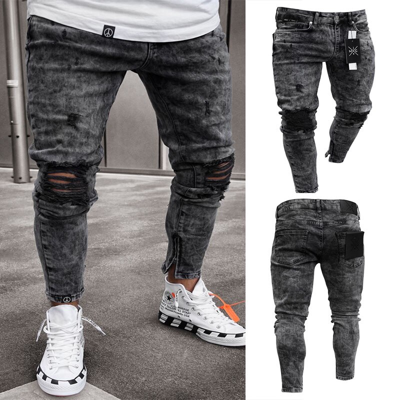 Sofie heren jeans met gaten, elastische europese heren hiphop gescheurde slanke jeans, broek met geborduurde kleine voetjes