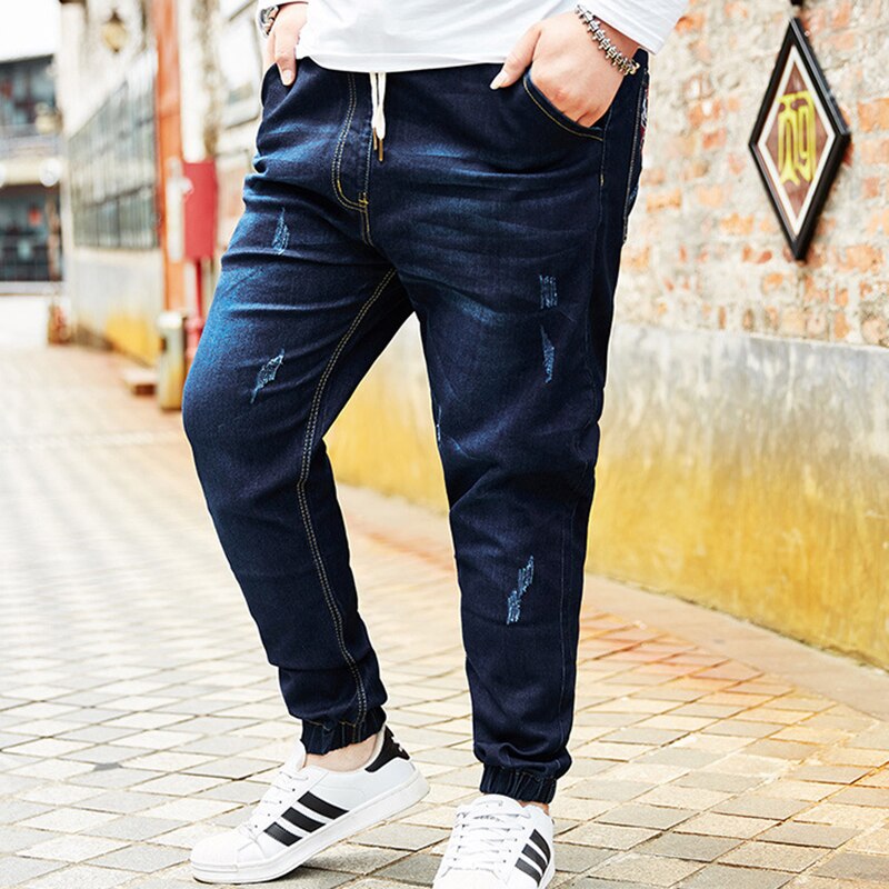 Men casual micro-elastic overalls plus size harem pants plus fertilizer plus fat pants men jeans men loose thick Japanese