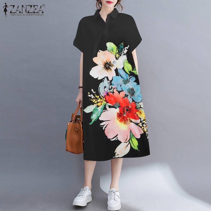 2023 sommer Kurzarm Midi- Vestidos ZANZEA lässig Gedruckt verlieren Laple Geschmack hoch Sundresse Übergroßen OL Frauen Kleider: XXXL / Marineblau