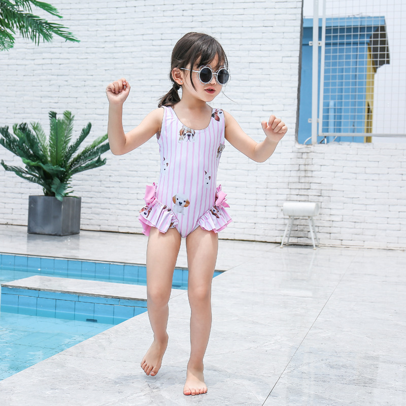Baby Girls Fluffy Swimwear Spanish Bows Toddler Girls Bathing Suit Striped Cute Dog Pattern Swimsuit Kids: 12M