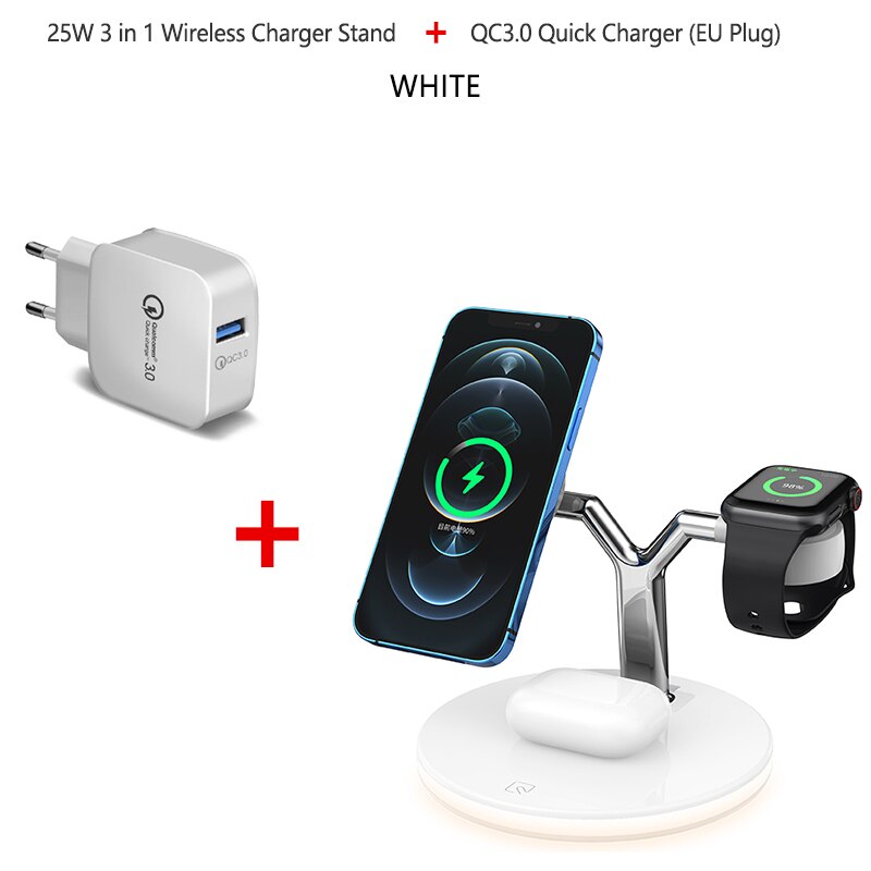 25w 3 in- 1 magnetisches kabelloses lade-nachtlicht für iphone 12 pro max 11 x kabelloses laden für apple watch 6 5 airpods /2 4: Weiß und  qc3.0