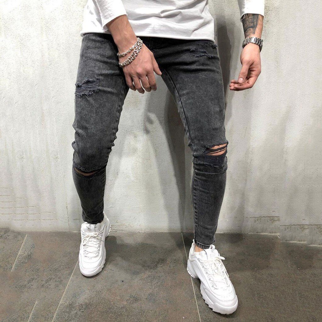 Skinny Ripped Jeans Men Pants Streets Hip Hop Cowboy Trousers Zip Jeans Pencil Pant Trousers Vaqueros Hombre#g36: C / S