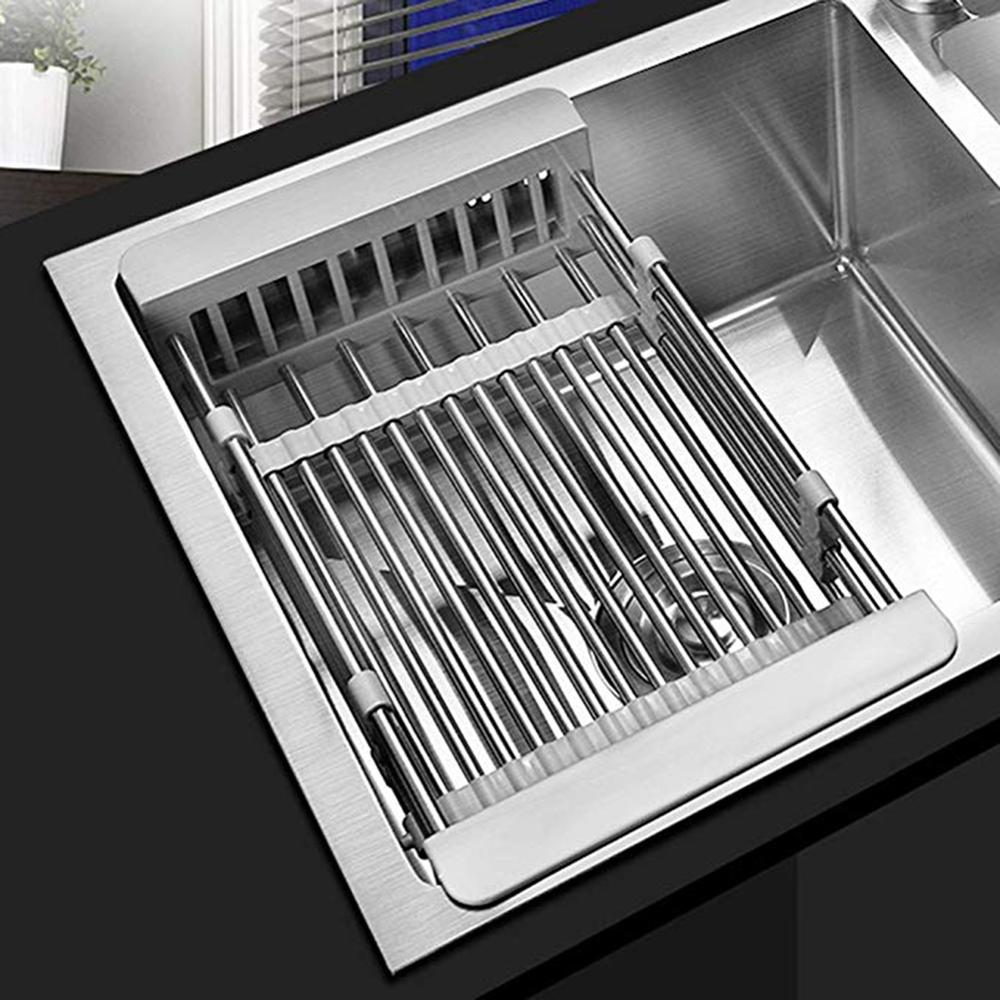 Stainless Steel Adjustable Telescopic Kitchen Over Sink Dish Drying Rack Insert Storage Organizer Fruit Vegetable Tray Drainer