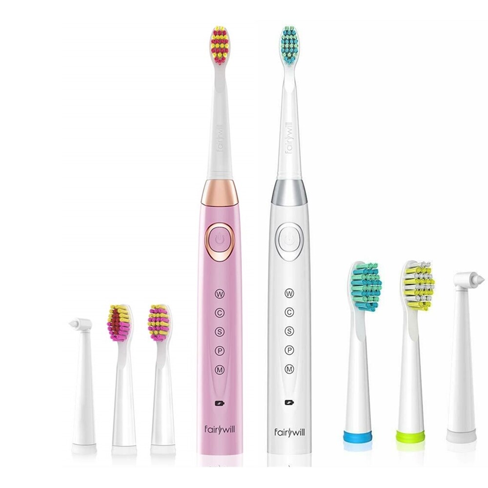 Fairywill Electric Sonic Toothbrush 5 Modes Replacement Heads Waterproof Rechargeable Powerful Cleaning Soft Heads Toothbrush: 508Pink-508White