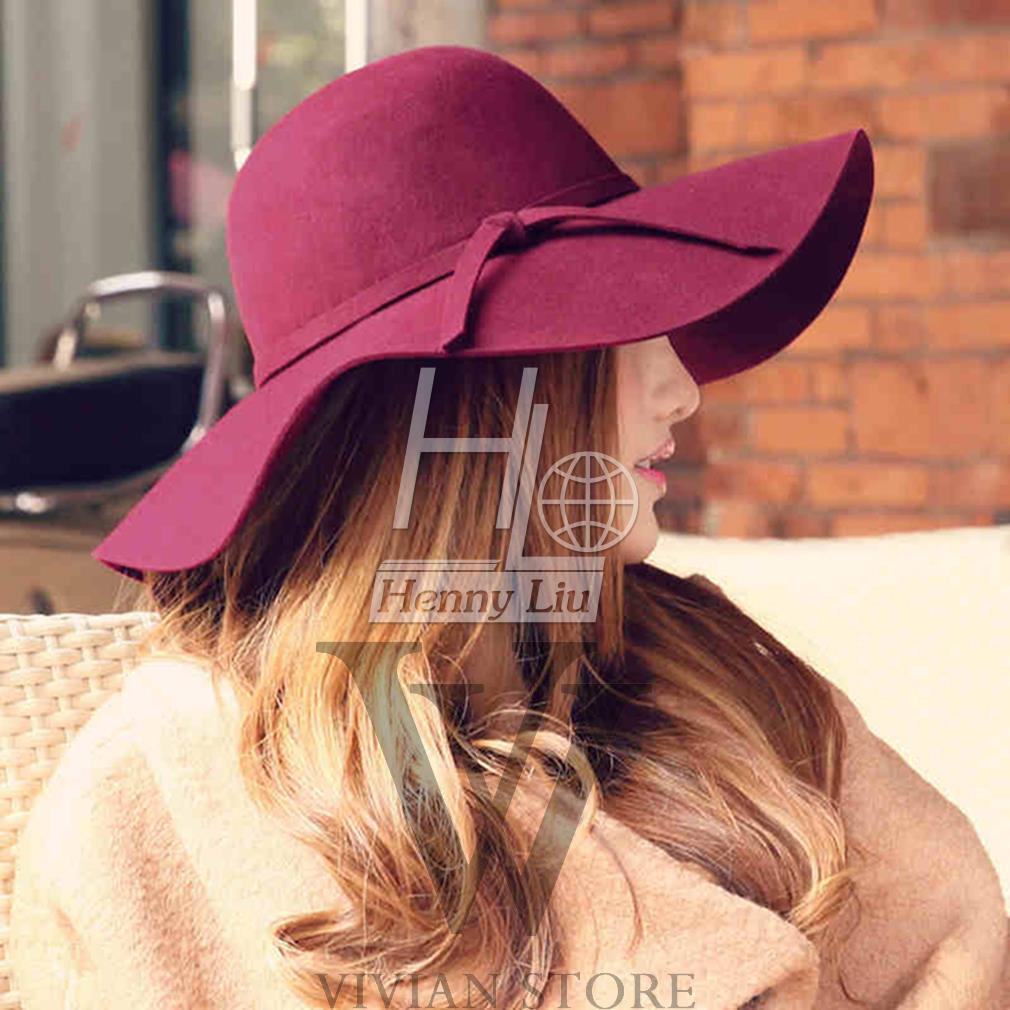 Soft Women Vintage Retro Wide Brim Wool Felt Bowler Fedora Hat Floppy Cloche Sun Hats 3 Colours For Women Cap Gorro Chapeu: Wine Red