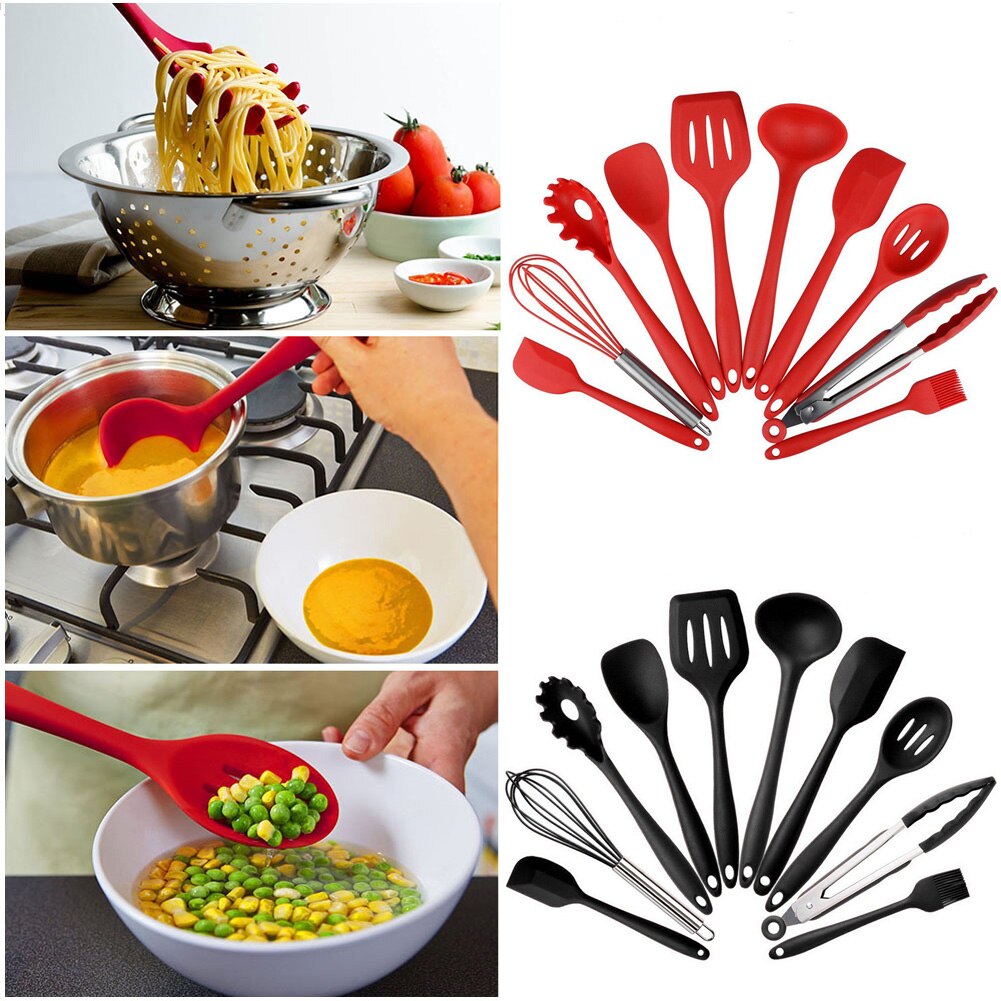 10Pcs Silicone Keukengereedschap Farberware Spoonula Spatel Lepels Turner Garde Koken Gereedschap Rood Zwart