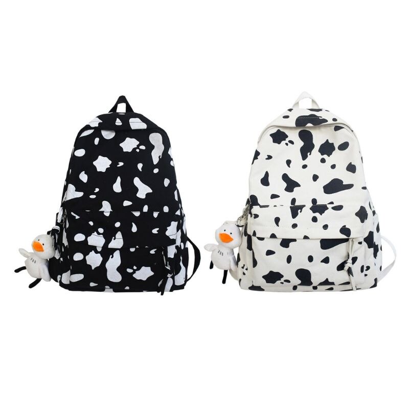 Cute Milk Cow Printing Canvas Backpack School Bag Casual Daypack for Teenager