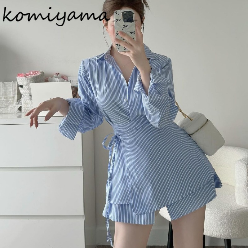 Streifenhemden und Blusen, langärmelig, 2025, Damen-Blusas, einreihig, Camisas, Revers, Ropa Mujer, Frühling, Sommer, Spitzen mit Schürze