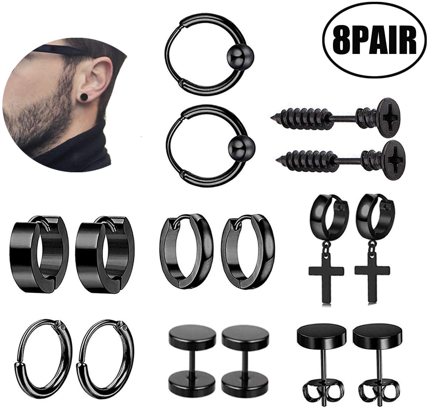 Lvcky 8 paar hypoallergene oorbellen van roestvrij staal met kleine piercings voor mannen en vrouwen, zwart zilverkleurig (zwart)