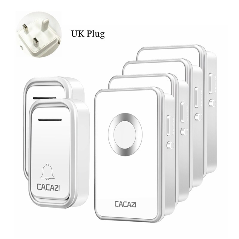 CACAZI Wireless Doorbell Waterproof 300M Remote 2 Battery Button 4 Receiver led light US EU Plug Home Cordless door bell chime: silver 2x4 UK