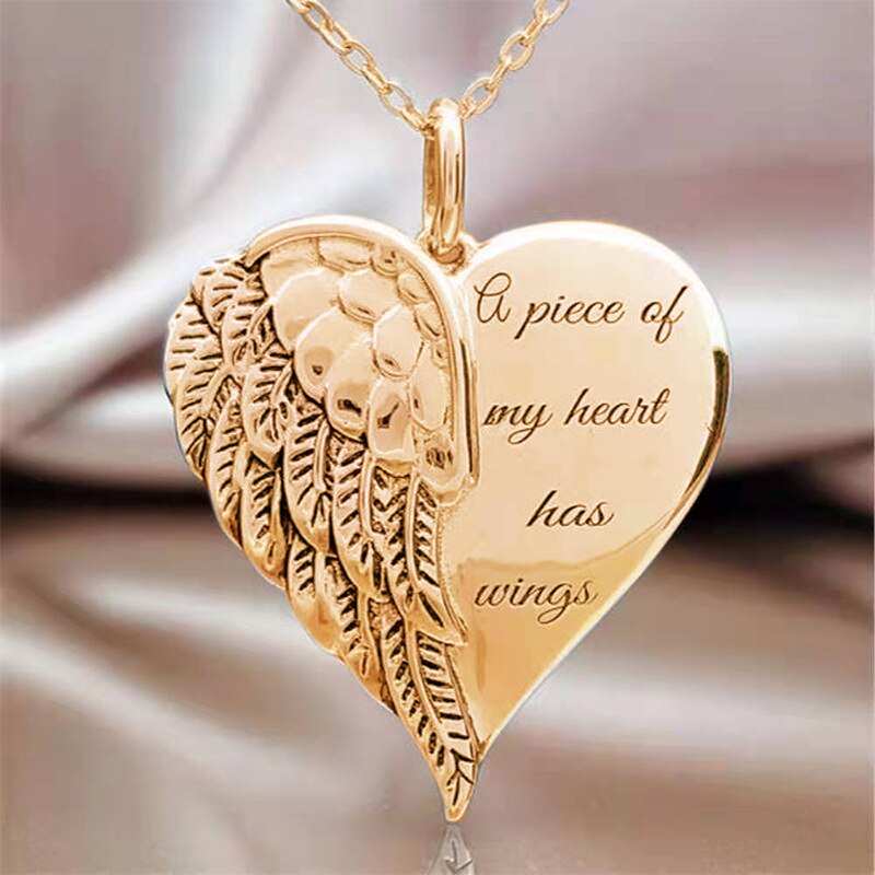 Women's necklace letter a piece of my heart has wings gold silver alloy love heart wing pendant feather angel necklaces: Gold