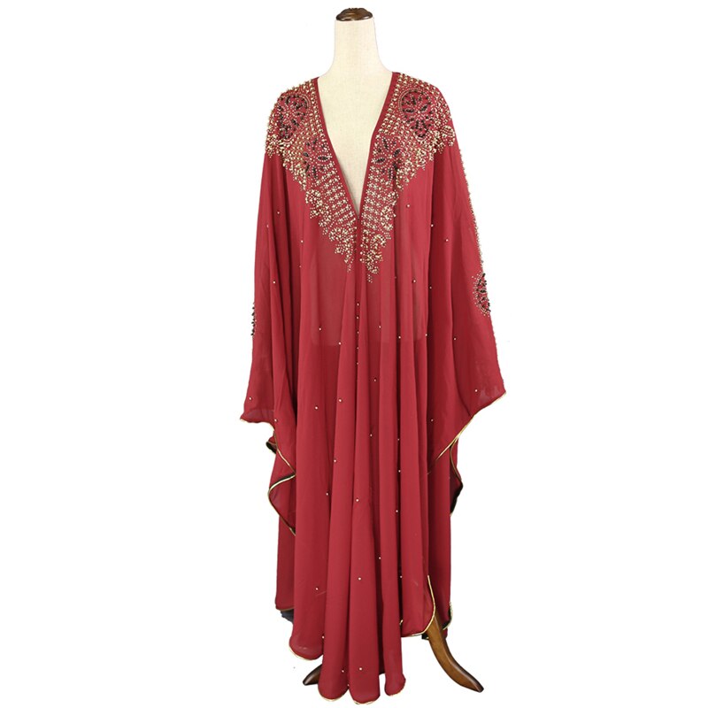 MD Super Size Chiffon Djellaba Dress Beading Embroidery Muslim Kimono Abaya Cardigan Dubai Turkish Kaftan Moroccan Boubou: Red
