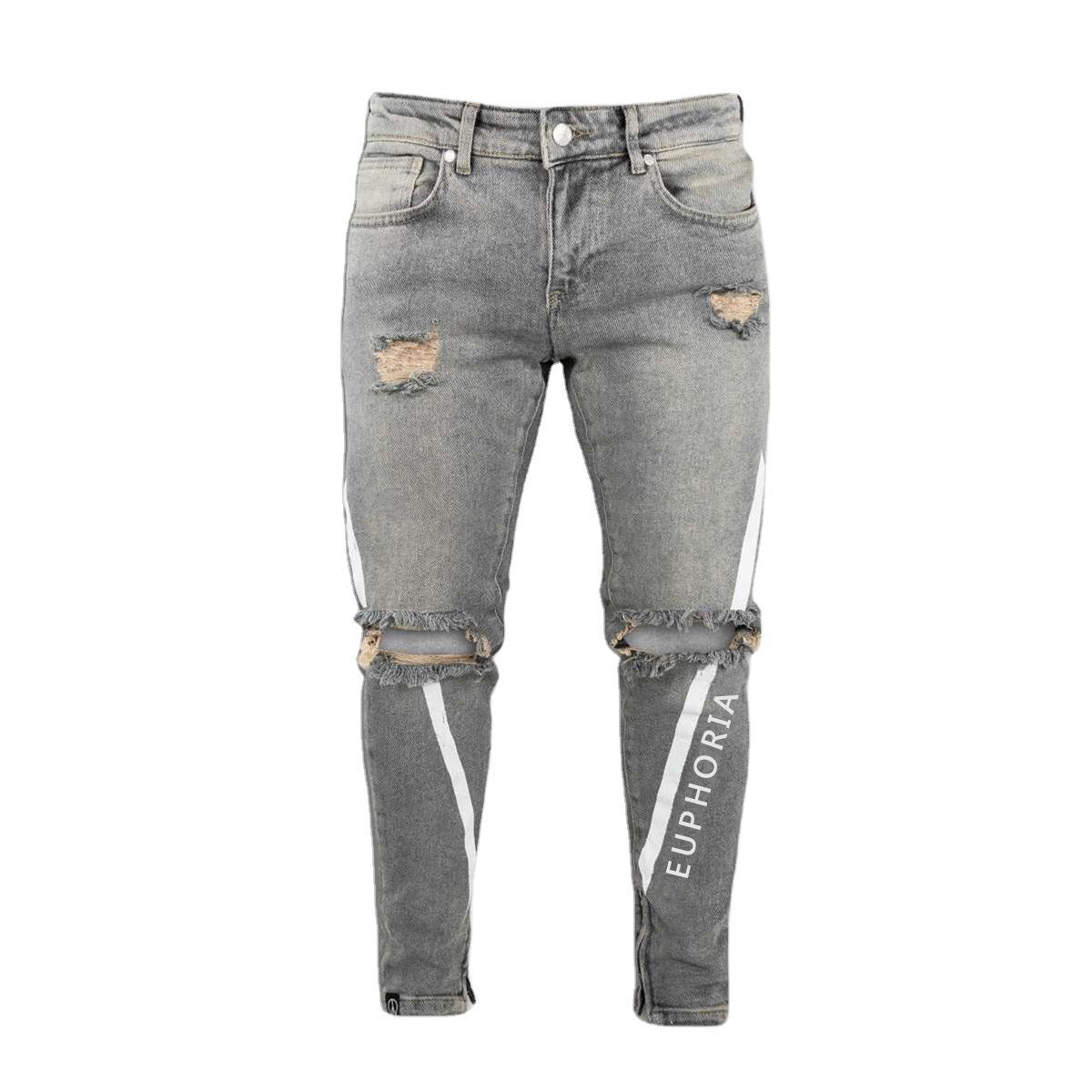jeans strappati sexy scava fuori uomo moda lettera stampa ginocchio foro nappa jeans attillati strappati Homme pantaloni da jogging casuale in denim: grigio / XXXL
