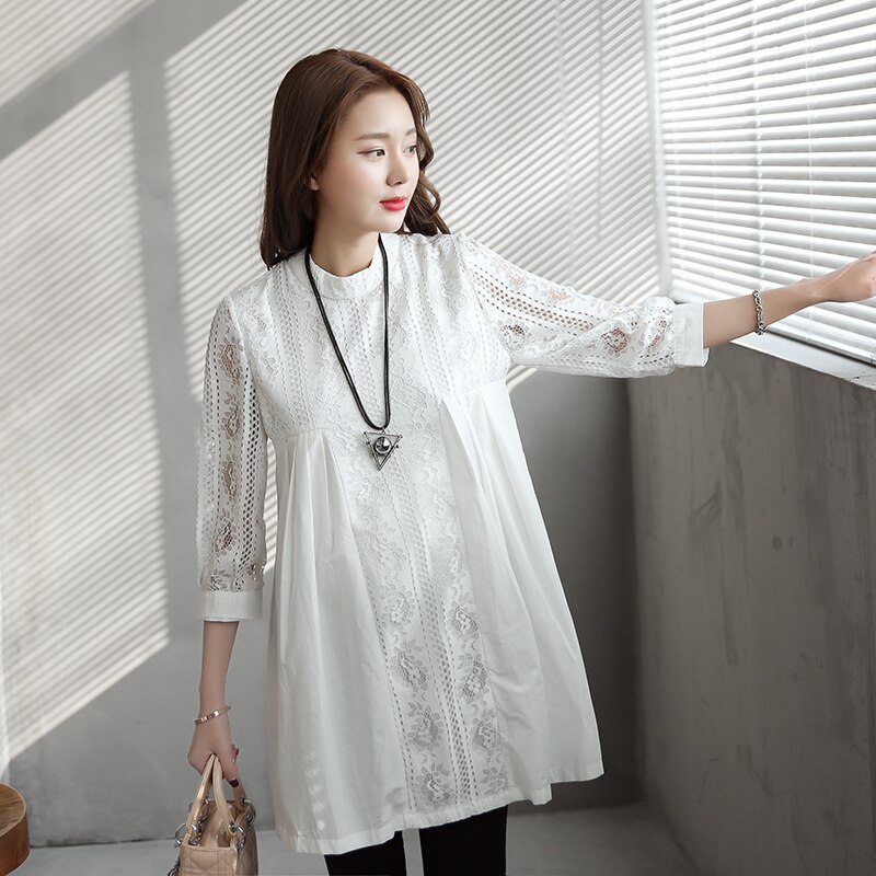 9015# Hollow Out Front Pleated White Lace Maternity Blouses Spring Summer Clothes for Pregnant Women Loose Pregnancy Tops