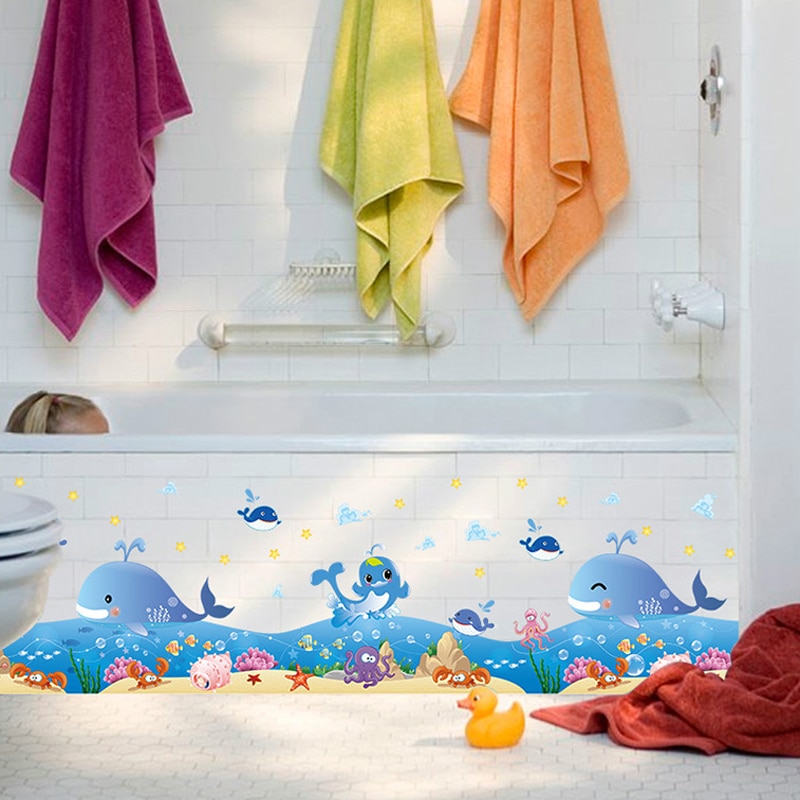 DIY Cartoon Blue Ocean Dolphin Marine Border Stickers Room Baseboard Kids Bedroom Waterproof Bathroom Tub Decoration Decals