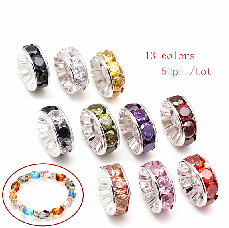 50pcs 6MM Metal Silver Plated Crystal Rhinestone Rondelle Spacer Beads 13 Colors For Choose DIY