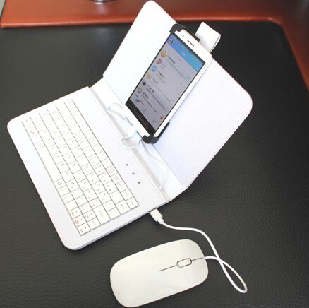 Suporte de estojo de celular 3 em 1, usb com fio, protetor de teclado, pu para smartphones android otg huawei xiaomi samsung meizu: white with mouse