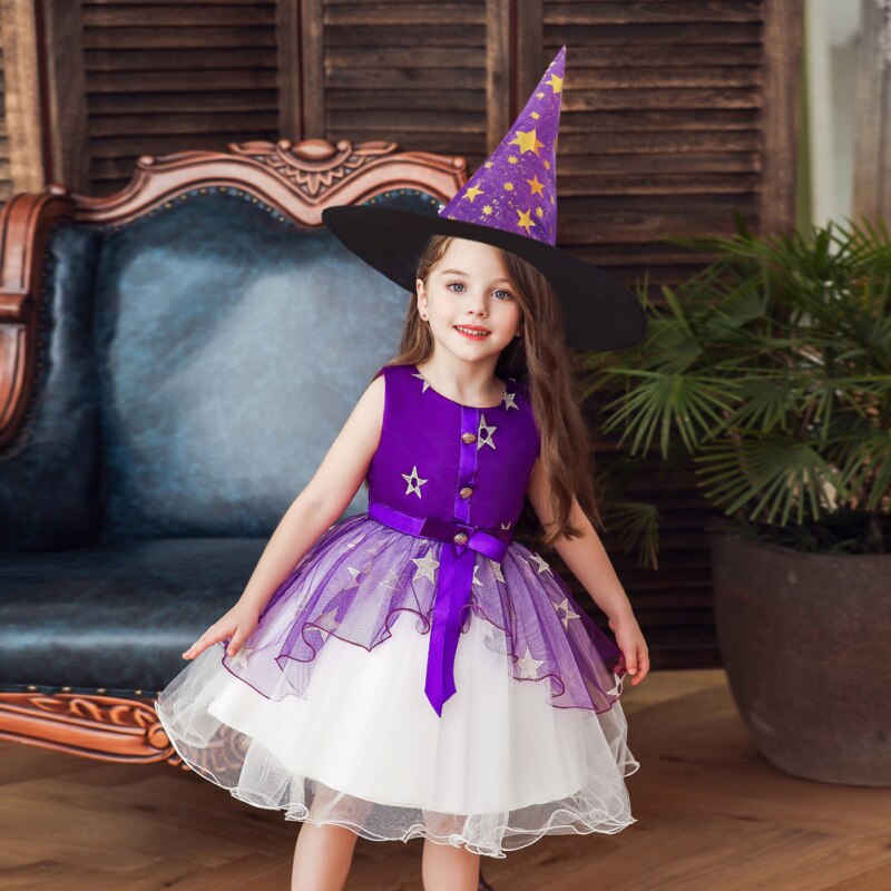 110-160cm Costume Children Dress Skirt Cosplay Girl With Hat Witch Star Skirt Witch Costume For Halloween Princess Dress Kids