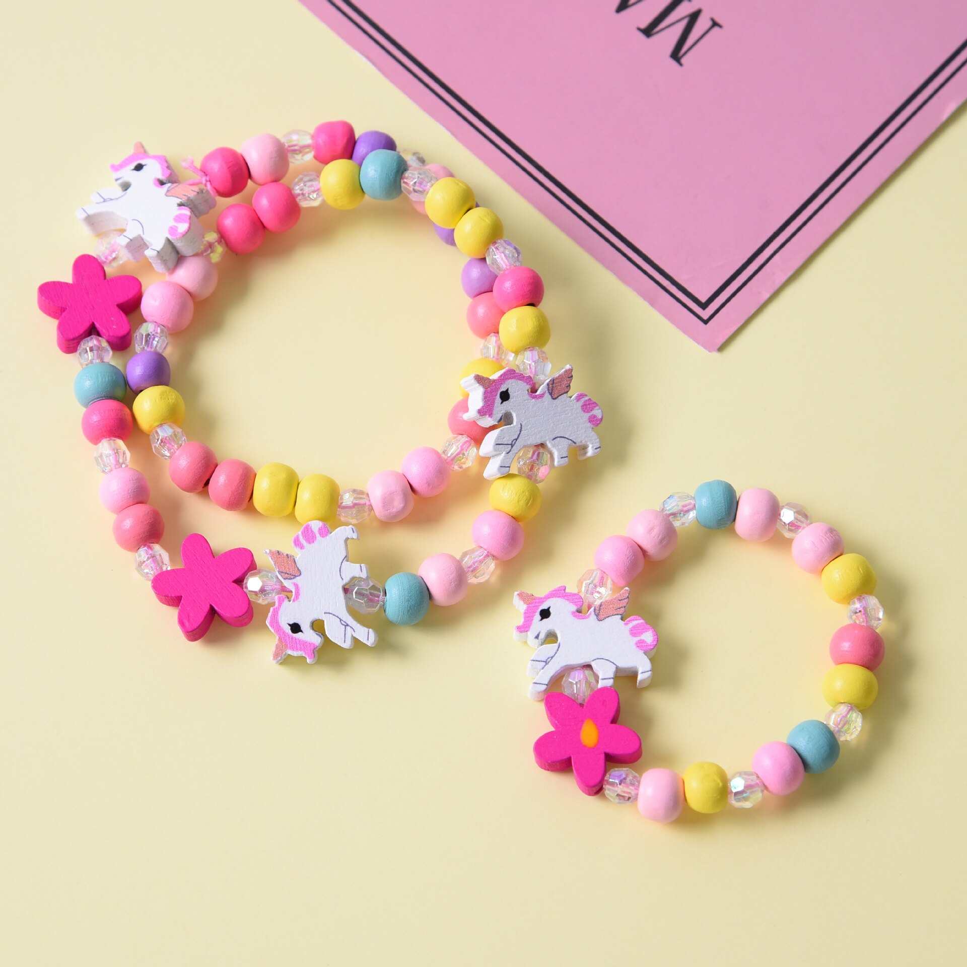 8 Color Natural Wood Colorful Beads Cute Animal Necklace Bracelet Set For Children's Jewelry Girl Birthday