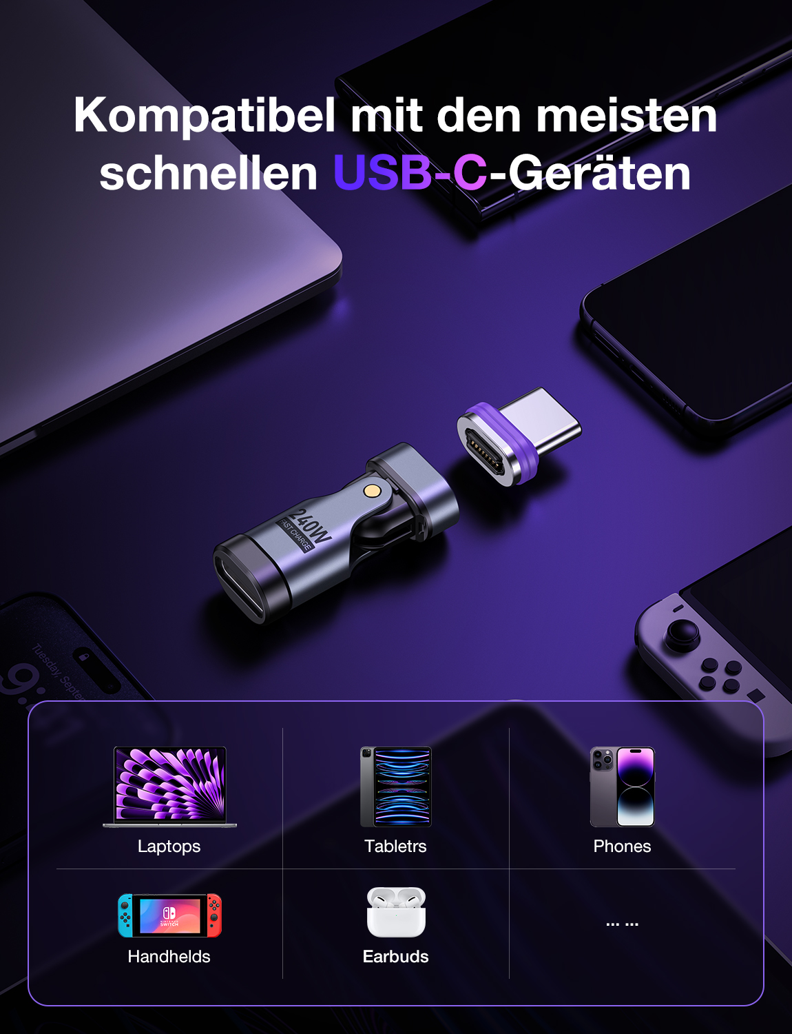 AUFU 240W Adapter magnetyczny USB typu C na USB C 16-pinowy konwerter USB C żeński 180 stopni do szybkiego ładowania iPhone MacBook Laptop