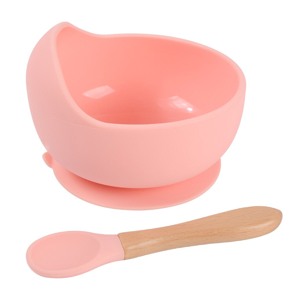Tazón de silicona para bebé, vajilla de alimentación, cuchara de madera, cuenco de succión impermeable, platos antideslizantes, productos de cocina: Pink