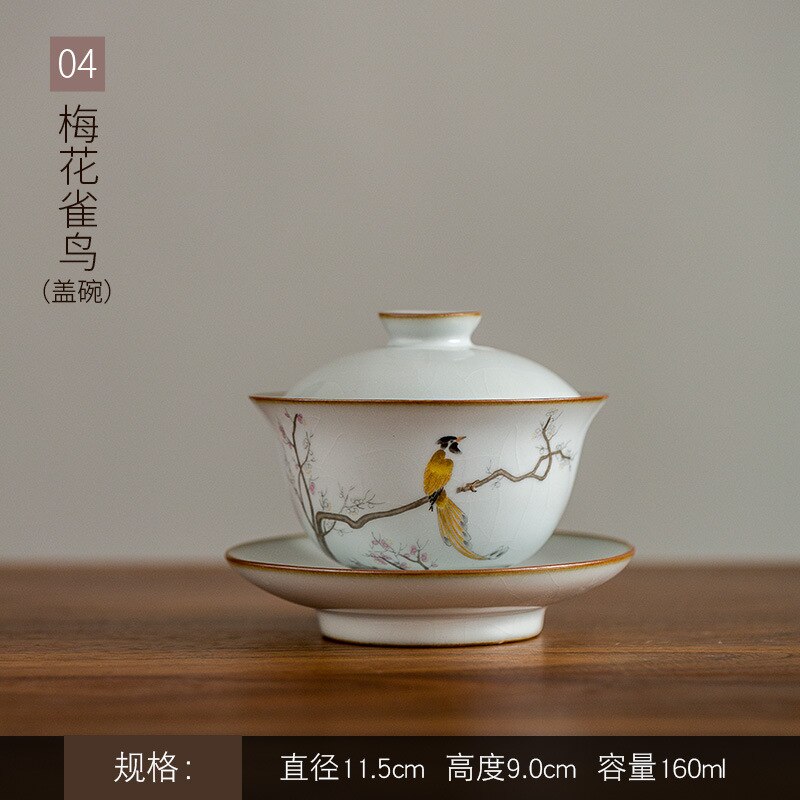 160Ml Ru Kiln Gracked Glazuur Sancai Terrine Master Cups Handgeschilderde Bloemen En Vogel Gaiwan Da Hong Pao Theewaar kantoor Decoratie: D