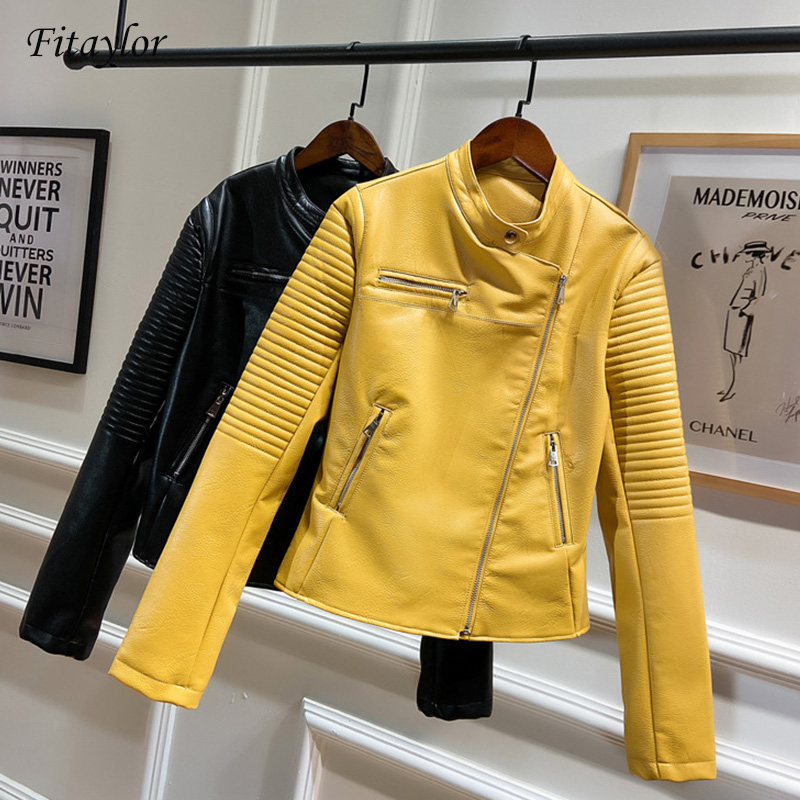 Fitaylor gule jakker i kunstlæder kvinder efterårslæderjakke kvindelig o-hals lynlås motorcykel frakke – Grandado