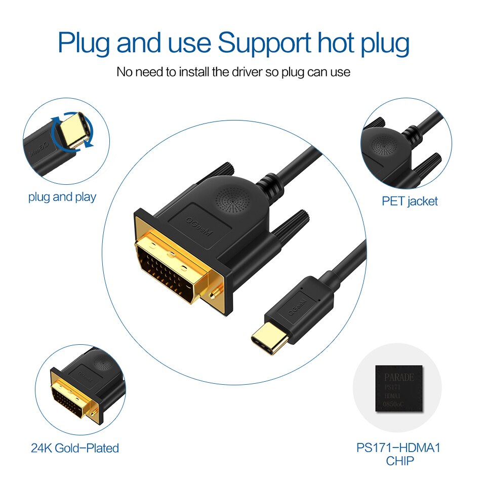 Qgeem usb c til dvi kabel type c til dvi adapter thunderbolt kompatibel til macbook pro, galaxy  s8 note 8, huawei mate 10