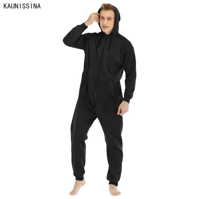 Ensemble pyjama épais pour homme, vêtements d'hiver, manches longues, capuche, fermeture éclair à l'avant, doublure polaire, tenue longue