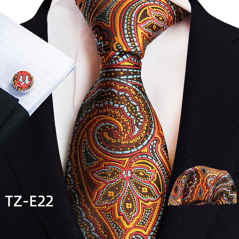 Gold Paisley Silk Ties For Men Luxury 8cm Royal Striped Necktie Pocket Square Cufflinks Set Jacquard Weave Tie Suit Accessories