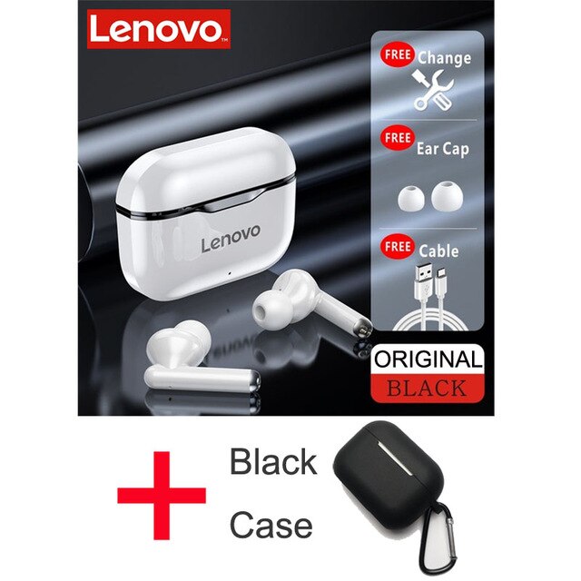 Lenovo-auriculares inalámbricos LP1 con TWS, cascos deportivos impermeables con Bluetooth 5,0, micrófono con cancelación de ruido, estéreo Dual, HIFI, bajos táctiles: black with case