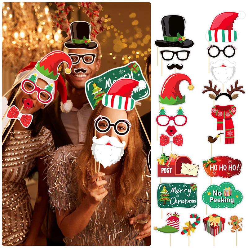 21PCS Christmas Photo Booth Props Funny Xmas Selfie Props Accessories for Christmas Theme Party Favors Decorations