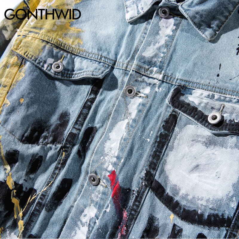 GONTHWID encre Graffiti imprimer Denim manteaux Hip Hop Punk Rock jeans décontractés vestes Streetwear hommes Hipster veste Outwear homme