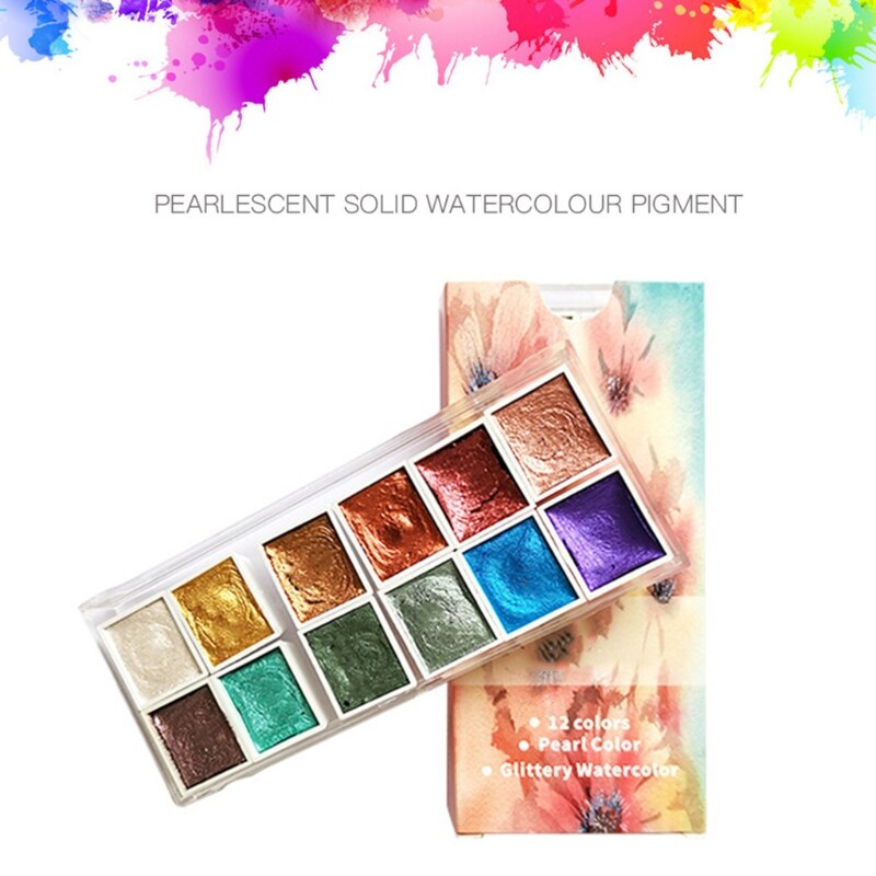 Mini Parelmoer Effen Aquarel Verf Set Draagbare Water Kleur Verf 12 Kleuren Voor Schilderen Kunst Levert F42D