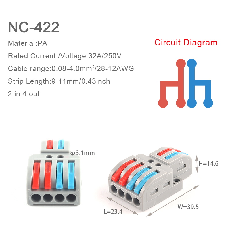 5PCS Quick Cable Splitter Push-in Wire Connector Universal Compact Conductor Wiring Terminal Block For ELECTRICAL Connection: NC422