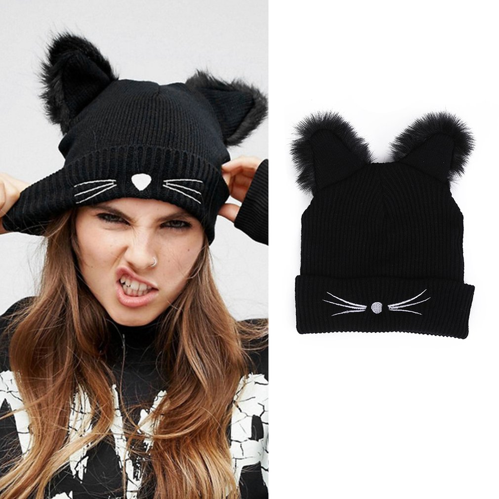 Gorro con de orejas de gato para mujer, gorro de punto cálido, Color sólido, para invierno y otoño