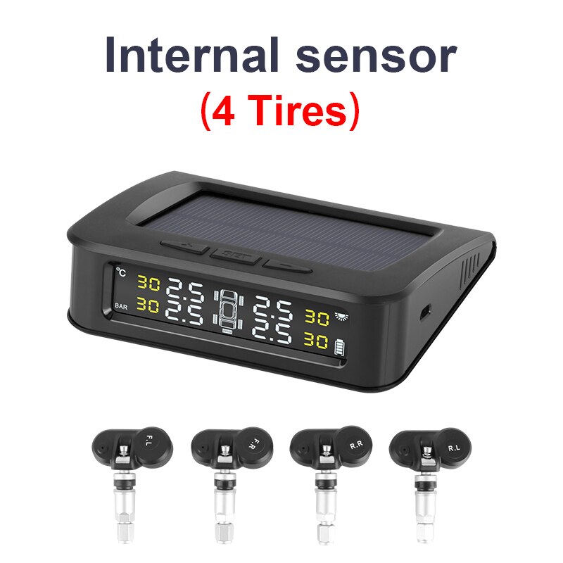 Tpms bil 5 dæksensorer trykalarm monitor system display sol ladning tryk kontrol advarsel med eksterne sensorer 6 bar: 4 indbyggede sensorer