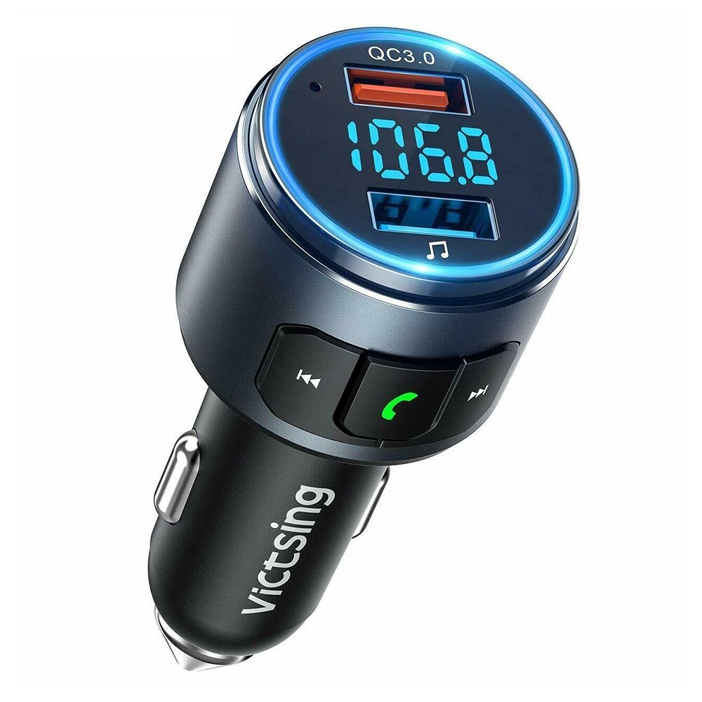 VicTsing-Adaptador de Radio transmisor FM con Bluetooth actualizado V5.0, llamada con manos libres, cargador rápido QC3.0 y 2 puertos USB, transmisor FM: Black