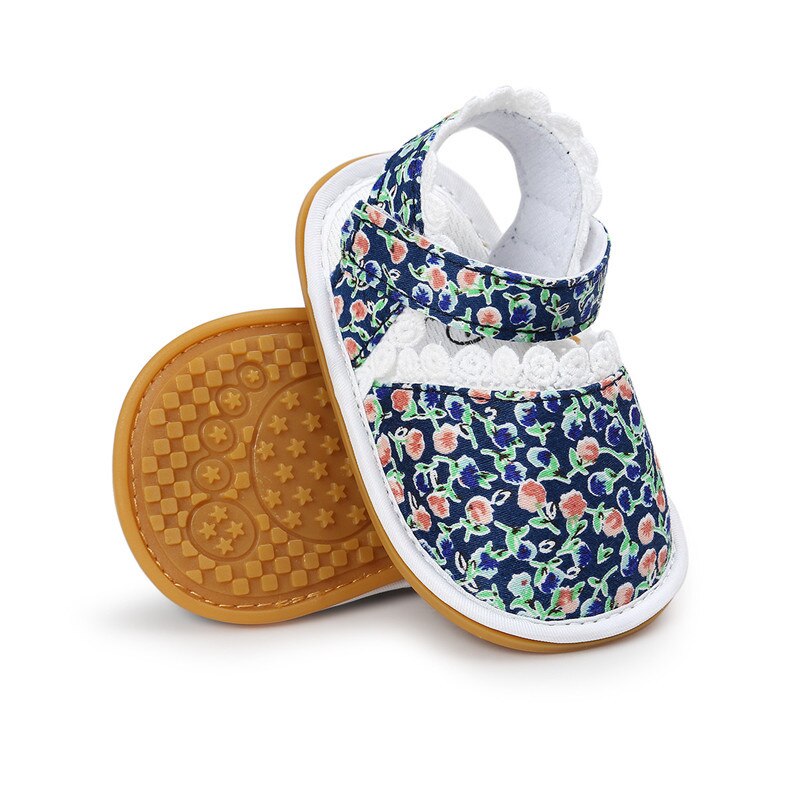 Aankomst Bloemen Streep Hart Baby Meisjes Sandalen Katoen Stof Rubberen Zool Baby Wieg Schoenen Baby Mocassins Sandalen Schoenen: dark blue / 1