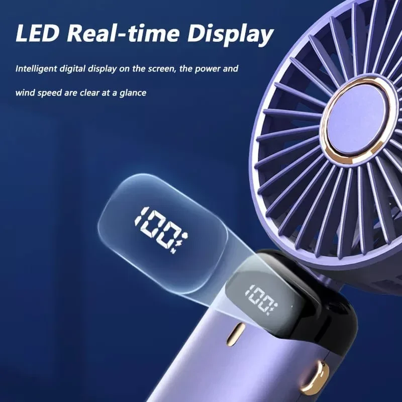 Mini ventilador portátil dobrável, 3000mah, mesa externa, pendurado no pescoço, 5 velocidades, usb, recarregável, suporte para telefone, tela de exibição