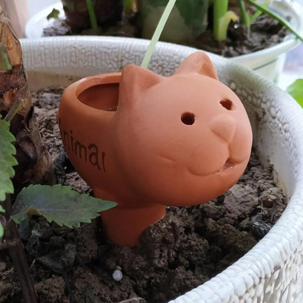 Pincho de riego automático de terracota para plantas de interior y exterior, herramienta gotero de arcilla de cerámica con dibujos animados de animales, paquete de 2 unidades
