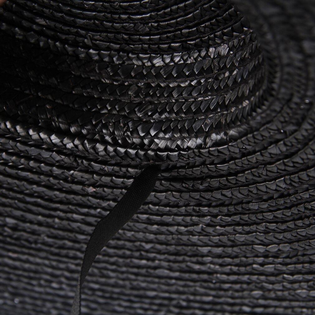 GEMVIE Black Wide Brim Chinese Hat Straw Hat Summer Hats For Women Ribbon Beach Cap Boater Fashionable Sun Hat With Chin Strap