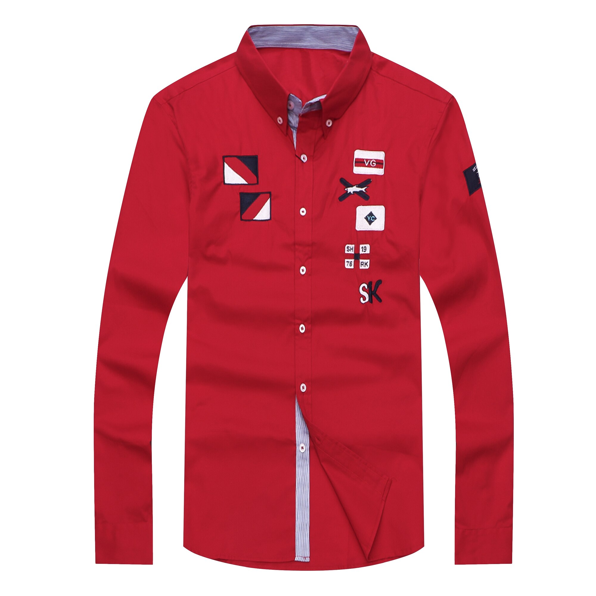 Borduurwerk Heren Casual Katoen Business Shirts Streetwear Luxe Mannen Lange Mouw Shark Shirts M-XXL: Rood / Xl