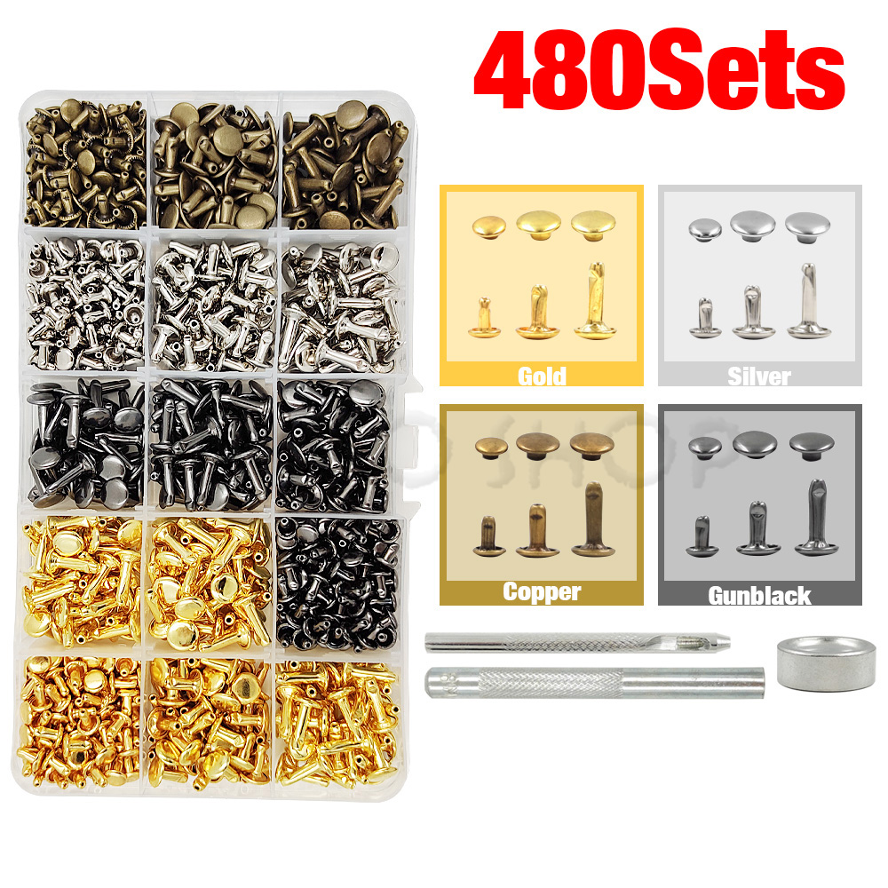 Metal Double Cap Rivets Stud Round Nail Spike With Tool Kits For Leathercraft Repair Shoes Bag Belt Clothing Garment Accessories: Antique Copper